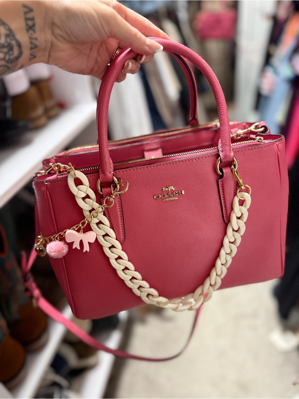 Coach Hot Pink Leather Satchel with Cream Chain and Gold Hardware